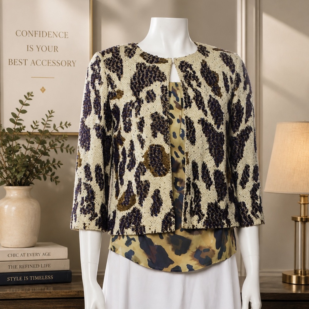 ST. JOHN Jacket and Top Set Green Multicolor Animal Cheetah Print - Sz. 2